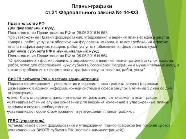 Планы-графики ст.21 Федерального закона № 44-ФЗ Правительство РФ Для федеральных нужд