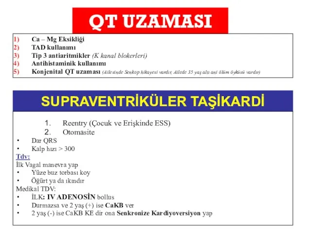 QT UZAMASI Ca – Mg Eksikliği TAD kullanımı Tip 3 antiaritmikler