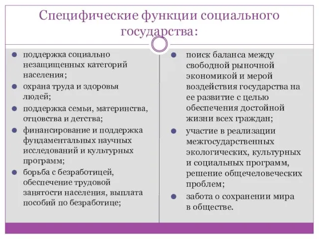 Специфические функции социального государства: поддержка социально незащищенных категорий населения; охрана труда