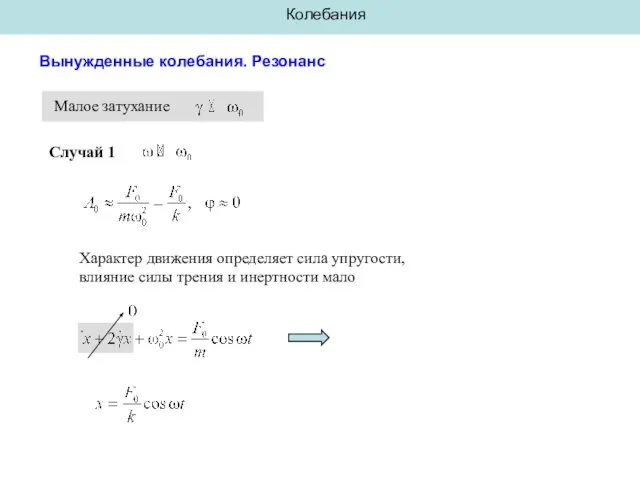 Колебания Вынужденные колебания. Резонанс Малое затухание Случай 1 Характер движения определяет