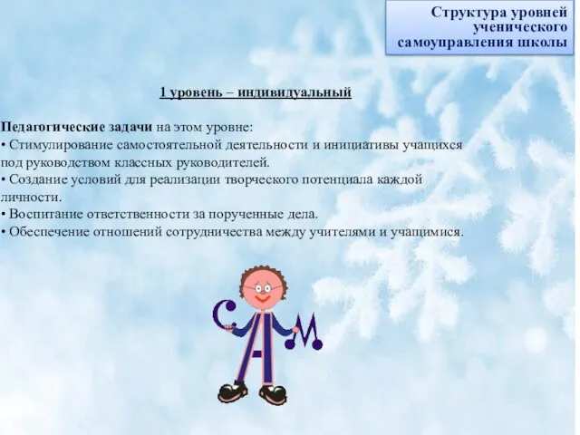 1 уровень – индивидуальный Педагогические задачи на этом уровне: • Стимулирование