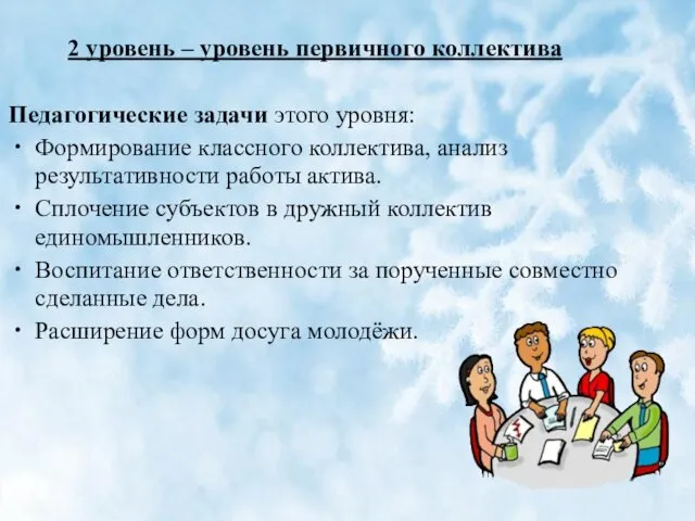 2 уровень – уровень первичного коллектива Педагогические задачи этого уровня: Формирование