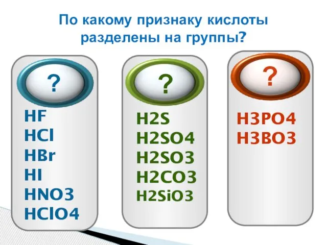 По какому признаку кислоты разделены на группы? ? HF HCl HBr