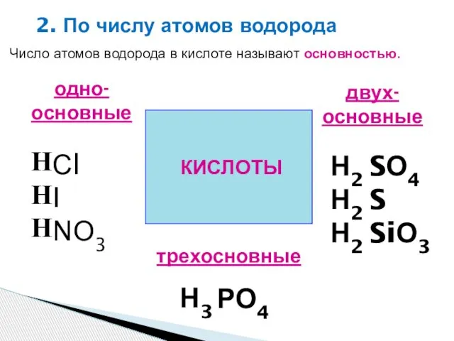 КИСЛОТЫ 2. По числу атомов водорода Сl I NО3 SО4 S