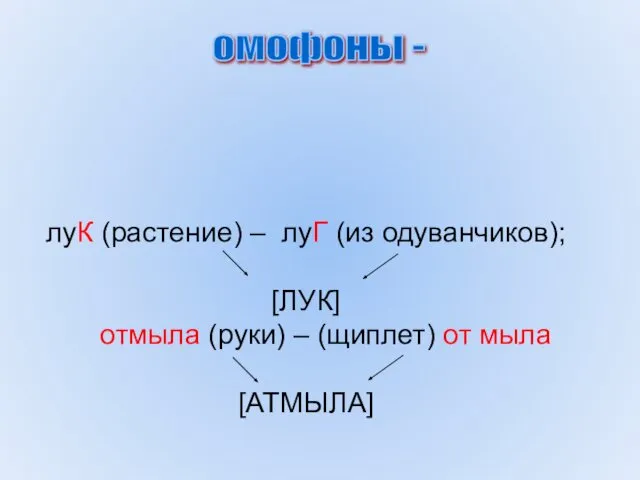 омофоны - слова, разные по значению и написанию, но совпадающие по