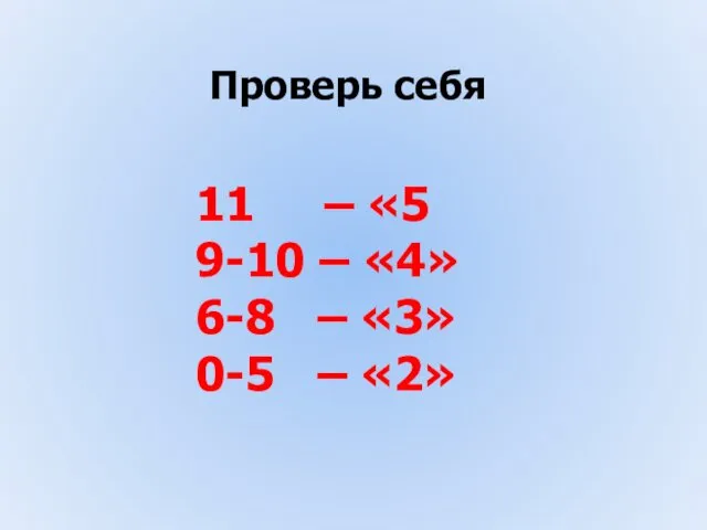 Проверь себя 11 – «5 9-10 – «4» 6-8 – «3» 0-5 – «2»