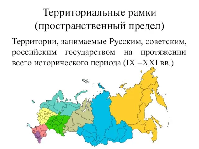 Территориальные рамки (пространственный предел) Территории, занимаемые Русским, советским, российским государством на