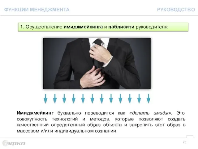 1. Осуществление имиджмейкинга и паблисити руководителя; Имиджмейкинг буквально переводится как «делать