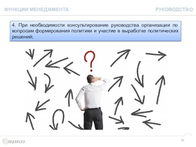 4. При необходимости консультирование руководства организации по вопросам формирования политики и