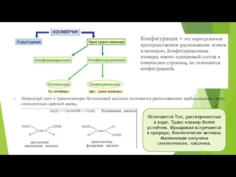 Конфигурация – это опре-деленное пространственное расположение атомов в молекуле. Конфигурационные изомеры