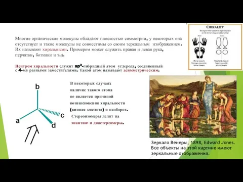 Многие органические молекулы обладают плоскостью симметрии, у некоторых она отсутствует и