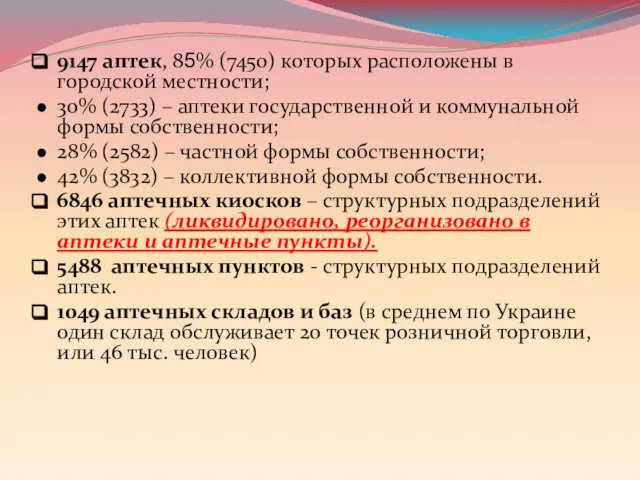 9147 аптек, 85% (7450) которых расположены в городской местности; 30% (2733)