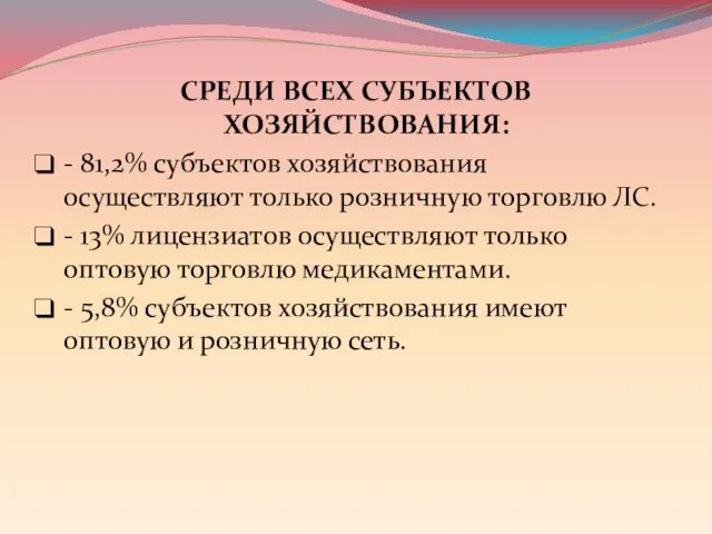 СРЕДИ ВСЕХ СУБЪЕКТОВ ХОЗЯЙСТВОВАНИЯ: - 81,2% субъектов хозяйствования осуществляют только розничную