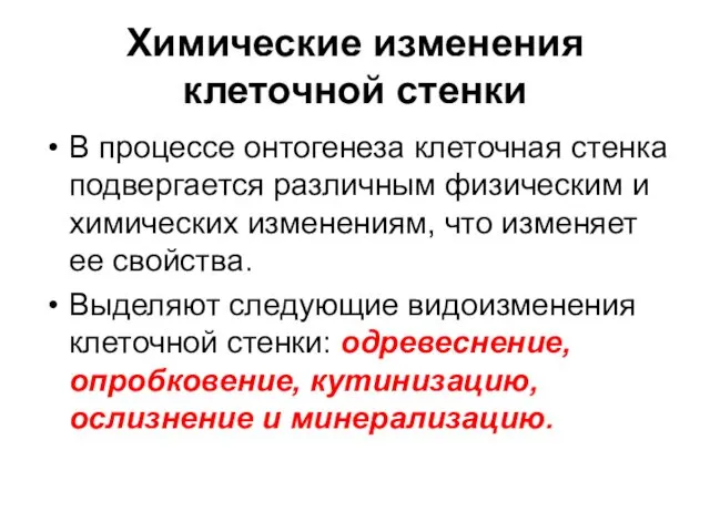 Химические изменения клеточной стенки В процессе онтогенеза клеточная стенка подвергается различным