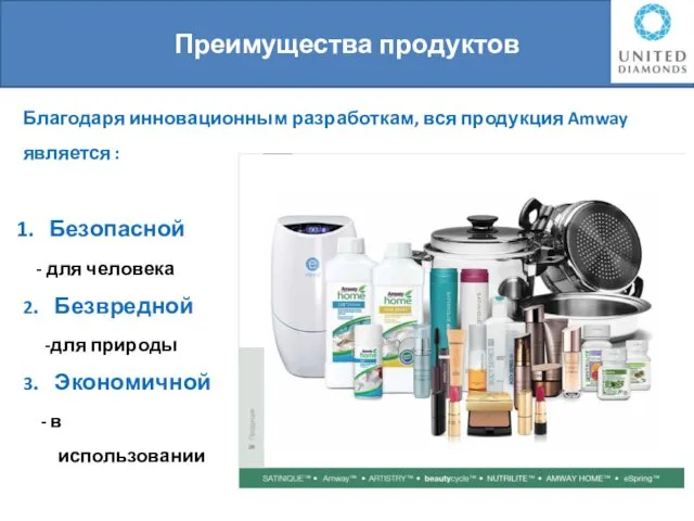 Преимущества продуктов Благодаря инновационным разработкам, вся продукция Amway является : Безопасной