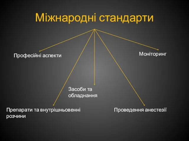 Міжнародні стандарти Професійні аспекти Засоби та обладнання Моніторинг Препарати та внутрішньовенні розчини Проведення анестезії