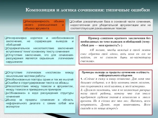 Композиция и логика сочинения: типичные ошибки Несоразмерно короткое и необоснованное заключение,