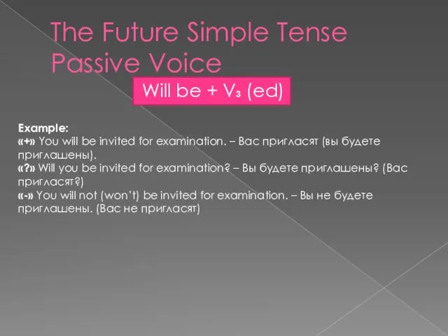 The Future Simple Tense Passive Voice Will be + V3 (ed)