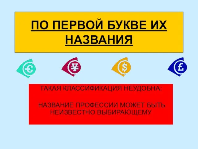 ПО ПЕРВОЙ БУКВЕ ИХ НАЗВАНИЯ ТАКАЯ КЛАССИФИКАЦИЯ НЕУДОБНА: НАЗВАНИЕ ПРОФЕССИИ МОЖЕТ БЫТЬ НЕИЗВЕСТНО ВЫБИРАЮЩЕМУ