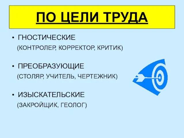 ПО ЦЕЛИ ТРУДА ГНОСТИЧЕСКИЕ (КОНТРОЛЕР, КОРРЕКТОР, КРИТИК) ПРЕОБРАЗУЮЩИЕ (СТОЛЯР, УЧИТЕЛЬ, ЧЕРТЕЖНИК) ИЗЫСКАТЕЛЬСКИЕ (ЗАКРОЙЩИК, ГЕОЛОГ)