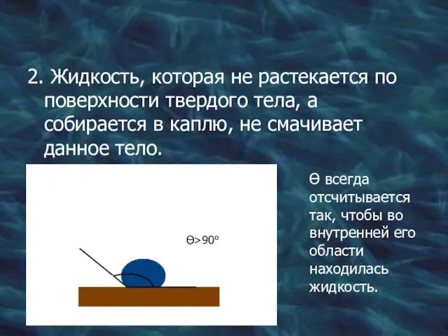 2. Жидкость, которая не растекается по поверхности твердого тела, а собирается