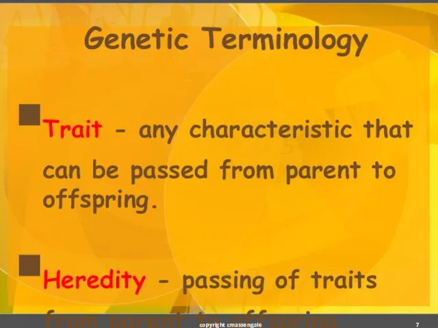 Genetic Terminology Trait - any characteristic that can be passed from