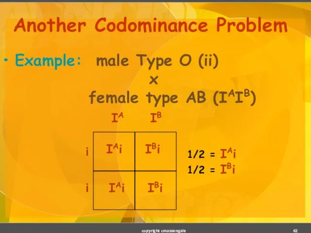 Another Codominance Problem Example: male Type O (ii) x female type AB (IAIB) copyright cmassengale