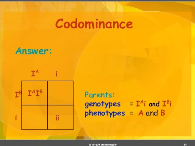 Codominance Answer: Parents: genotypes = IAi and IBi phenotypes = A and B copyright cmassengale