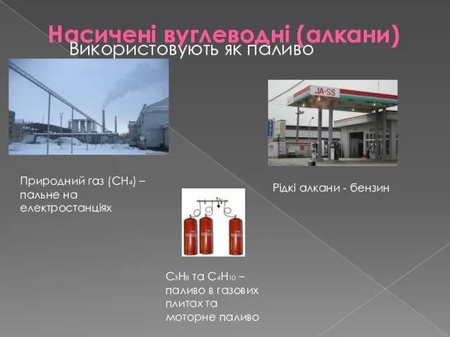 Насичені вуглеводні (алкани) Використовують як паливо Природний газ (CH4) – пальне