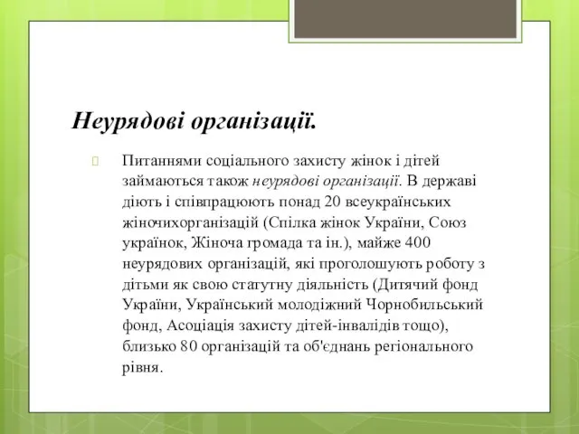 Неурядові організації. Питаннями соціального захисту жінок і дітей займаються також неурядові