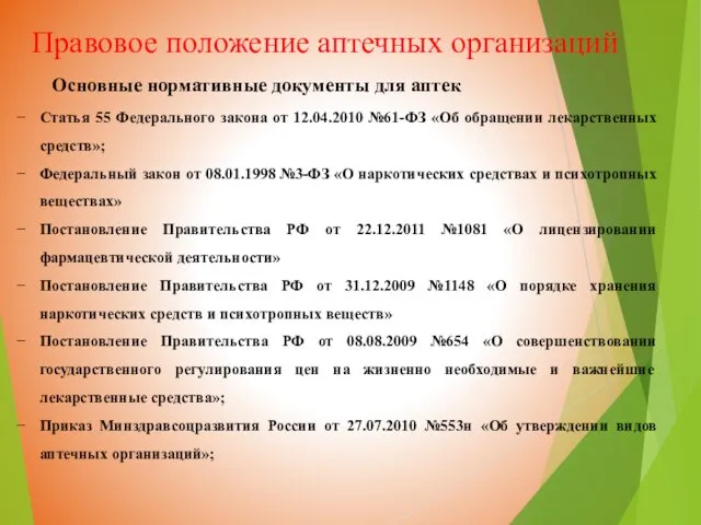 Правовое положение аптечных организаций Основные нормативные документы для аптек Статья 55