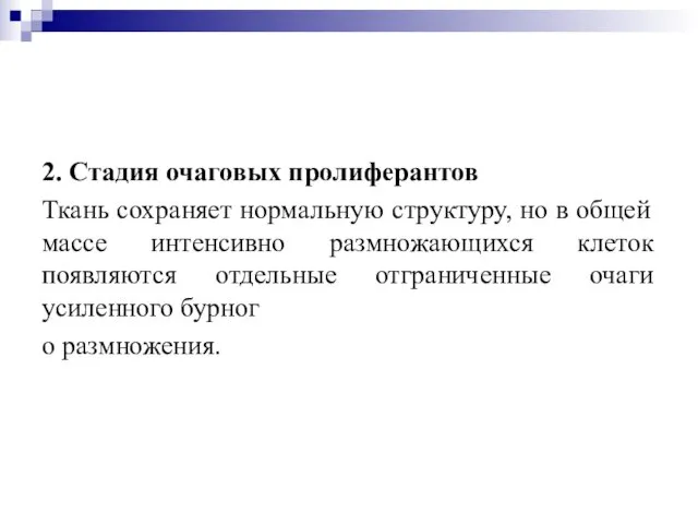 2. Стадия очаговых пролиферантов Ткань сохраняет нормальную структуру, но в общей