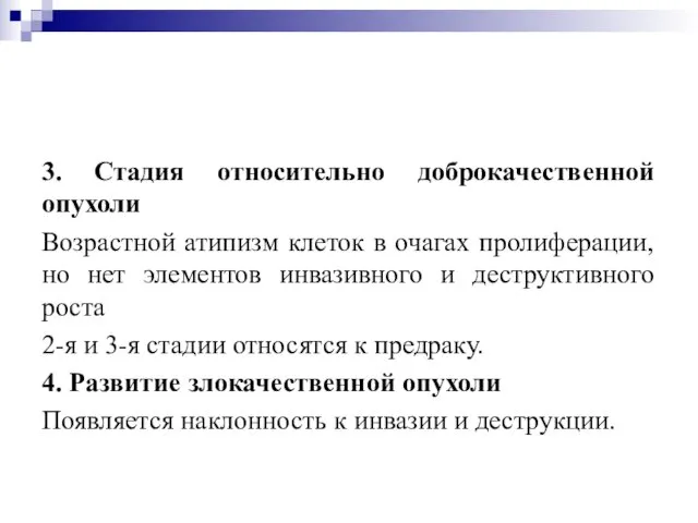 3. Стадия относительно доброкачественной опухоли Возрастной атипизм клеток в очагах пролиферации,