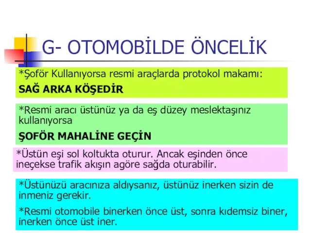 G- OTOMOBİLDE ÖNCELİK *Şoför Kullanıyorsa resmi araçlarda protokol makamı: SAĞ ARKA