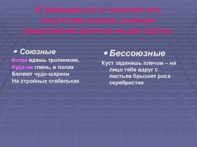 В зависимости от наличия или отсутствия союзов сложные предложения делятся на