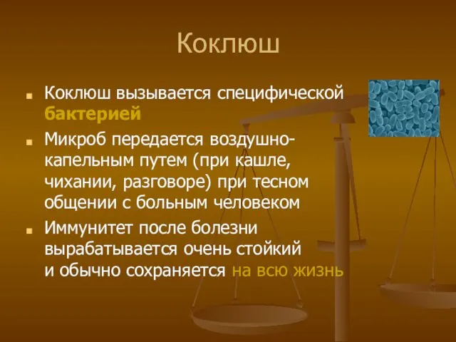 Коклюш Коклюш вызывается специфической бактерией Микроб передается воздушно-капельным путем (при кашле,