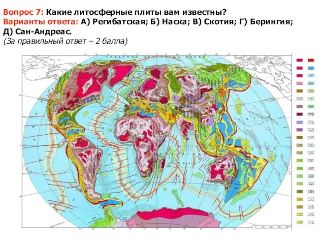 Вопрос 7: Какие литосферные плиты вам известны? Варианты ответа: А) Регибатская;