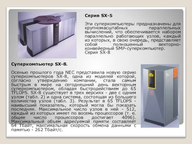 Серия SX-5 Эти суперкомпьютеры предназначены для крупномасштабных параллельных вычислений, что обеспечивается