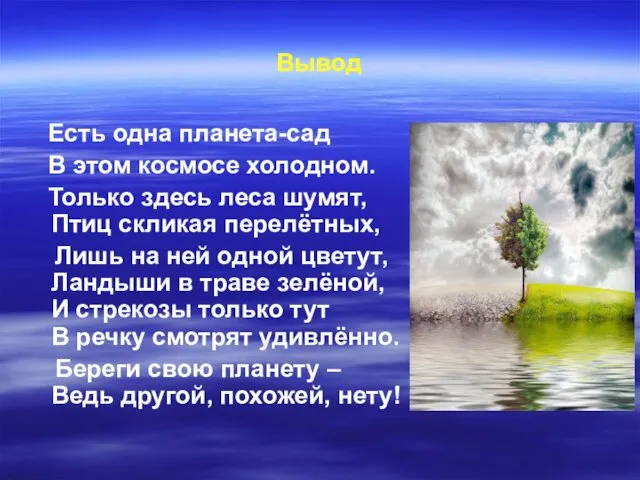 Вывод Есть одна планета-сад В этом космосе холодном. Только здесь леса