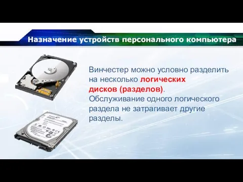 Назначение устройств персонального компьютера Винчестер можно условно разделить на несколько логических