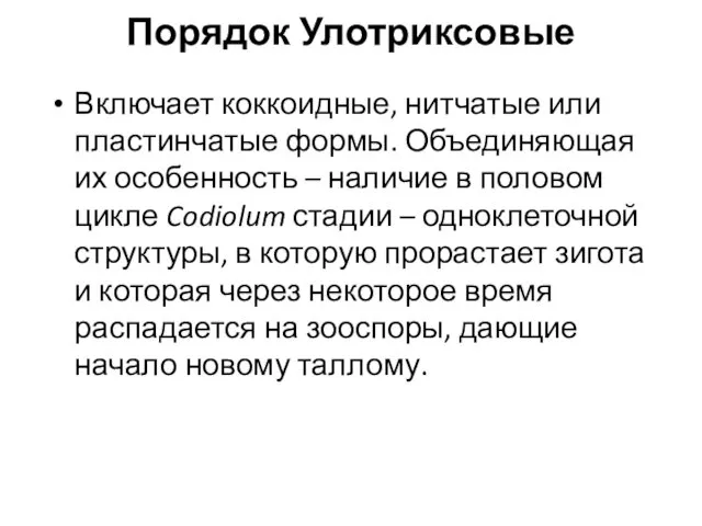 Порядок Улотриксовые Включает коккоидные, нитчатые или пластинчатые формы. Объединяющая их особенность