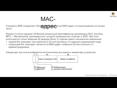 Стандарты IEEE определяют 48-разрядный (6 октетов) MAC-адрес, который разделен на четыре