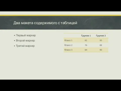 Два макета содержимого с таблицей Первый маркер Второй маркер Третий маркер