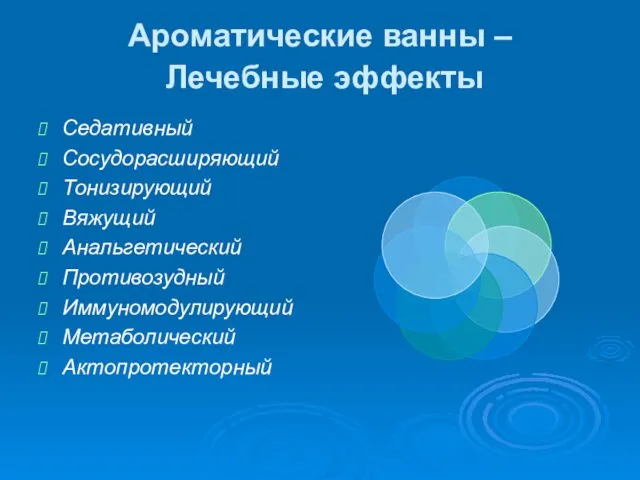 Ароматические ванны – Лечебные эффекты Седативный Сосудорасширяющий Тонизирующий Вяжущий Анальгетический Противозудный Иммуномодулирующий Метаболический Актопротекторный