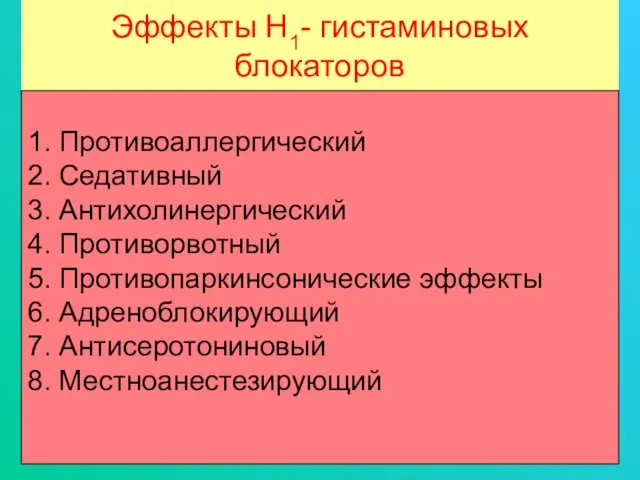 Эффекты Н1- гистаминовых блокаторов 1. Противоаллергический 2. Седативный 3. Антихолинергический 4.