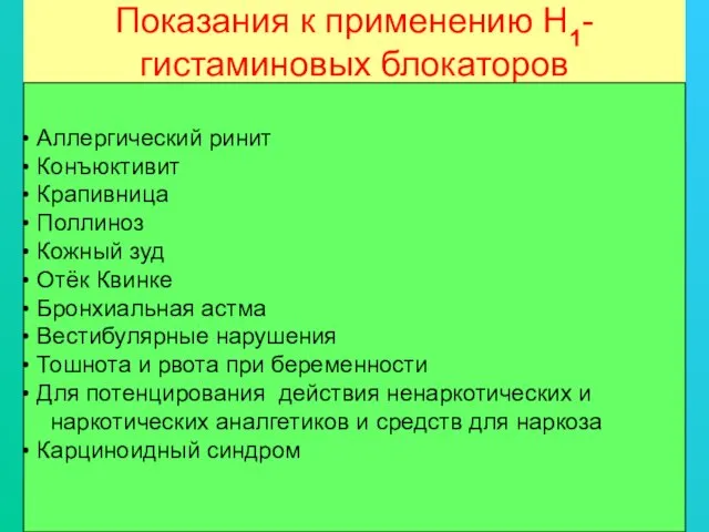 Показания к применению Н1- гистаминовых блокаторов Аллергический ринит Конъюктивит Крапивница Поллиноз