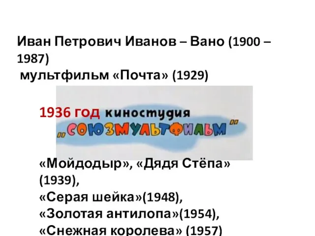 Иван Петрович Иванов – Вано (1900 – 1987) мультфильм «Почта» (1929)