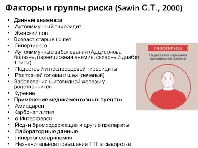 Факторы и группы риска (Sawin С.Т., 2000) Данные анамнеза Аутоиммунный тиреоидит