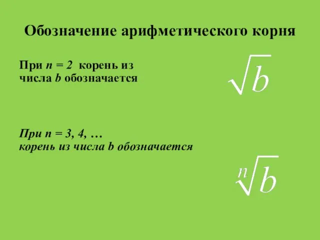 Обозначение арифметического корня При n = 2 корень из числа b