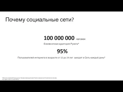 Ежемесячная аудитория Рунета* 100 000 000 человек 95% Пользователей интернета в